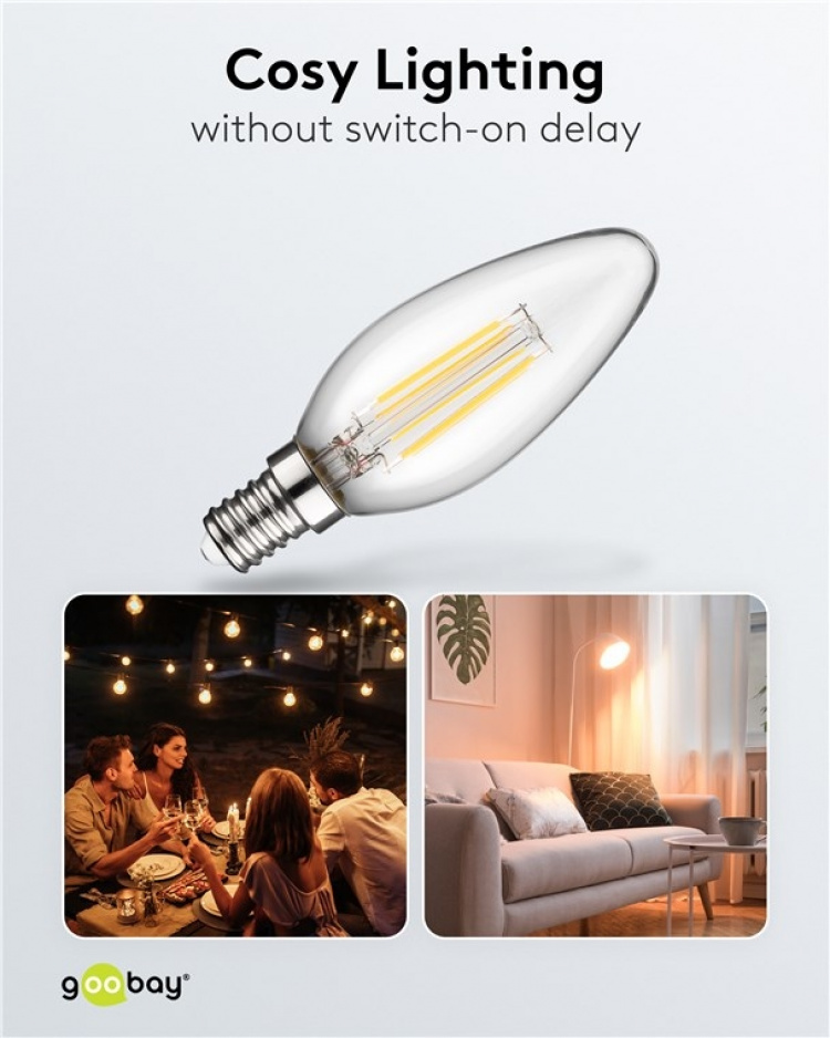 Goobay Filament led-kaarslamp, 4 W fitting E14, warm wit, niet dimbaar Goobay Filament led-kaarslamp, 4 W fitting E14, warm wit, niet dimbaar