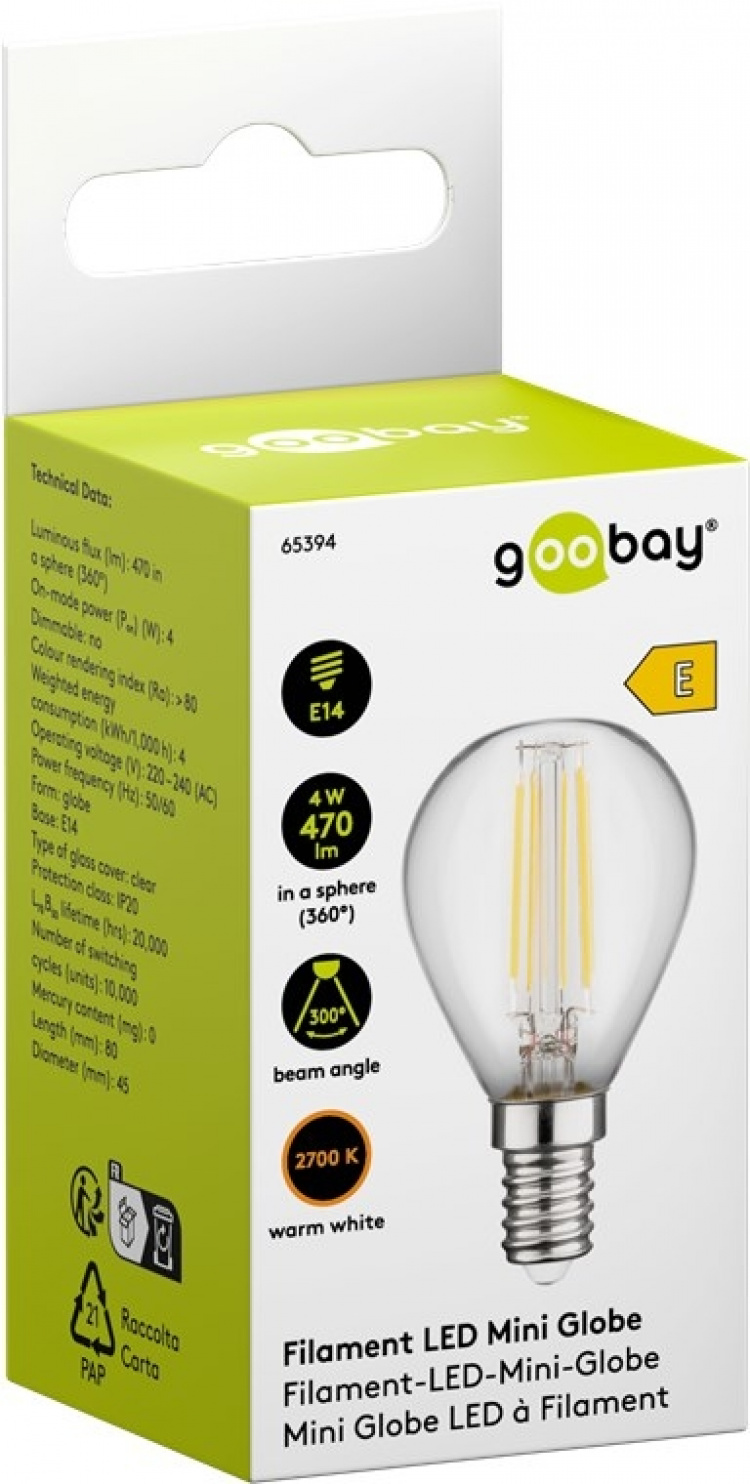 Goobay Filament LED-minibol, 4 W fitting E14, warm wit, niet dimbaar Goobay Filament LED-minibol, 4 W fitting E14, warm wit, niet dimbaar