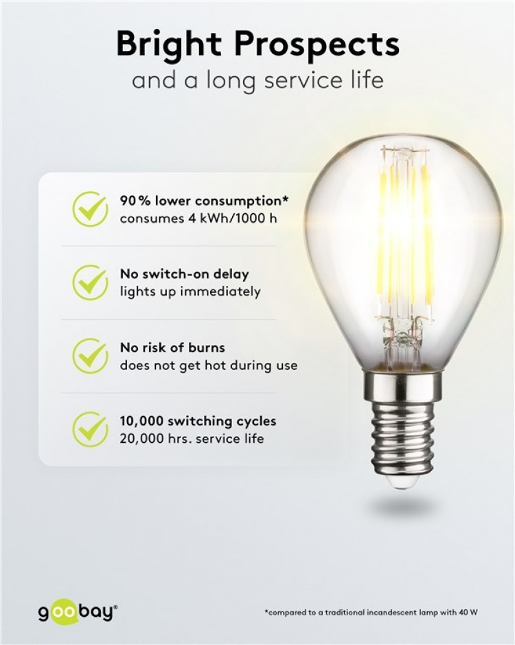 Goobay Filament LED-minibol, 4 W fitting E14, warm wit, niet dimbaar Goobay Filament LED-minibol, 4 W fitting E14, warm wit, niet dimbaar