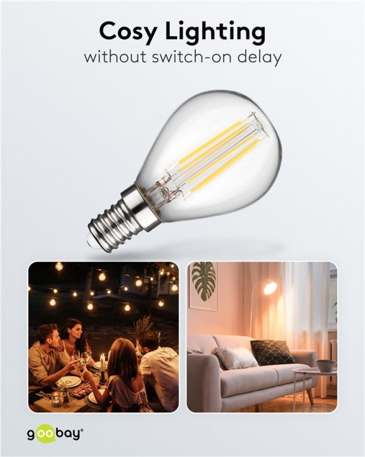 Goobay Filament LED-minibol, 4 W fitting E14, warm wit, niet dimbaar Goobay Filament LED-minibol, 4 W fitting E14, warm wit, niet dimbaar