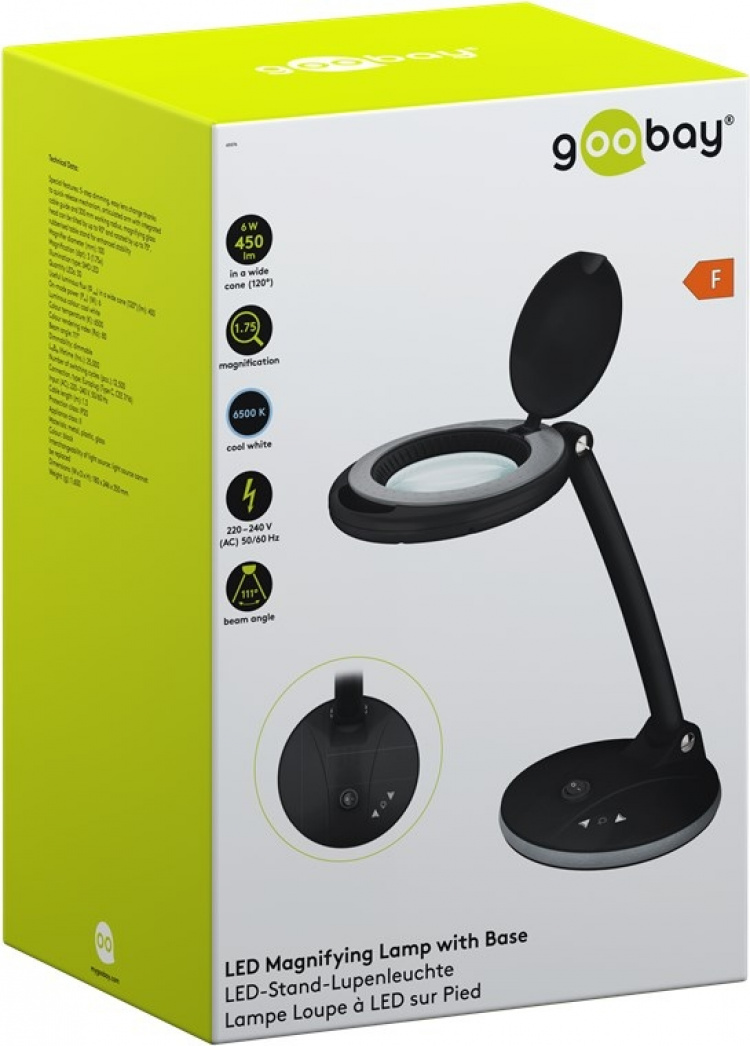 Goobay LED-loeplamp staand, 6 W, zwart 80-450 lm, dimbaar, 100 mm glazen lens, 1,75x vergroting, 3 dioptrieën