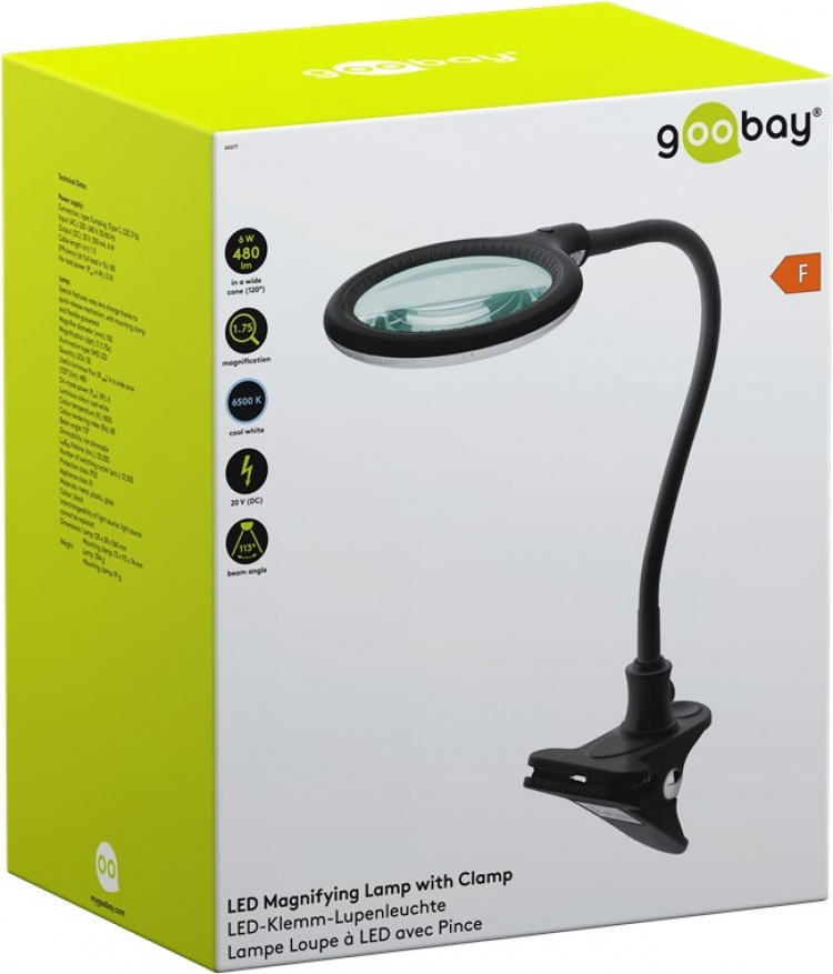 Goobay Led-loeplamp met klem, 6 W, zwart 480 lm, 100 mm glazen lens, 1,75x vergroting, 3 dioptrieën Goobay Led-loeplamp met klem, 6 W, zwart 480 lm, 100 mm glazen lens, 1,75x vergroting, 3 dioptrieën