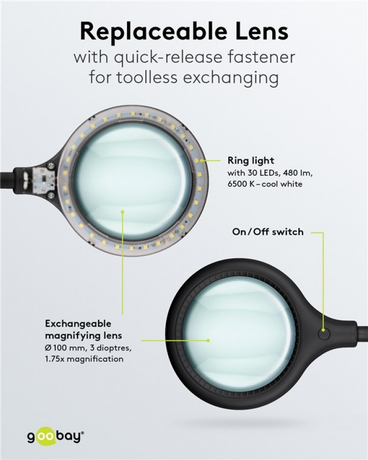 Goobay Led-loeplamp met klem, 6 W, zwart 480 lm, 100 mm glazen lens, 1,75x vergroting, 3 dioptrieën Goobay Led-loeplamp met klem, 6 W, zwart 480 lm, 100 mm glazen lens, 1,75x vergroting, 3 dioptrieën