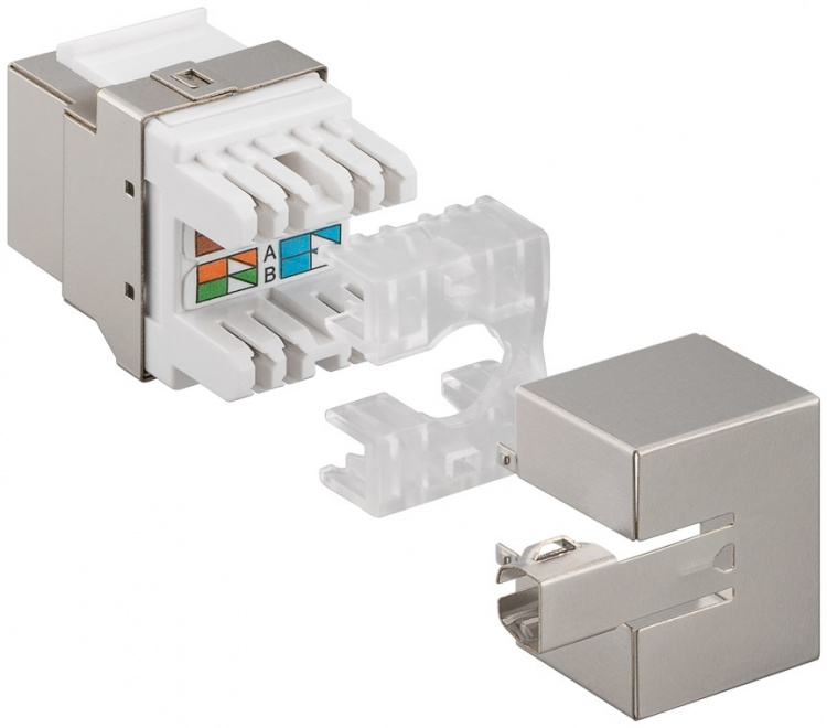 Goobay Keystone modul RJ45 CAT 6, STP, 250 MHz 17,4 mm breed, Klemmenstrook voor IDC-montage (zonder gereedschap), 90° haakse uitgang