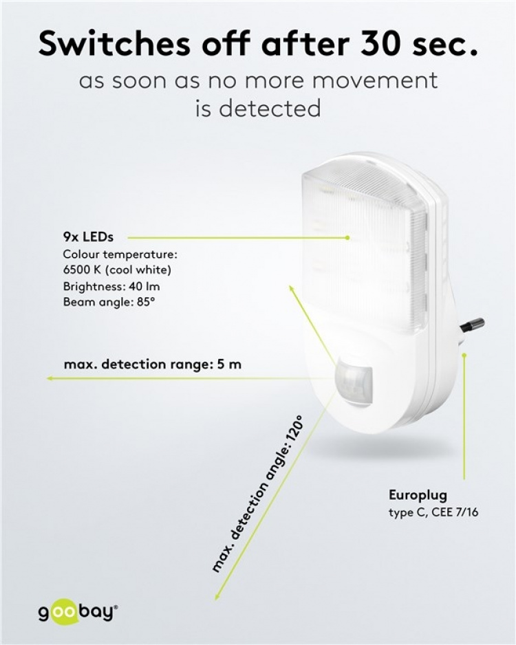 Goobay LED nachtlampje met bewegingsmelder koud wit, 120° detectie, 5 m bereik, voor binnenshuis (IP20)