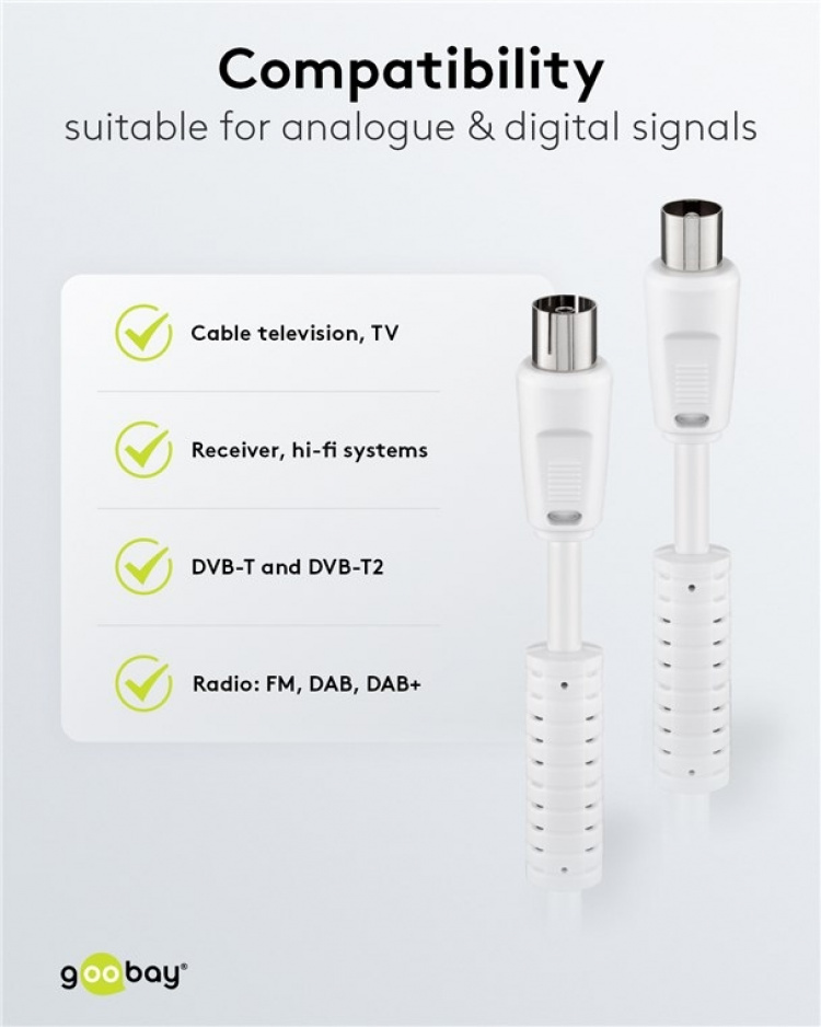 Goobay Antennekabel met ferriet (80 dB), dubbel afgeschermd coax-stekker > coax-contrastekker (volledig afgeschermd), 1.5 m