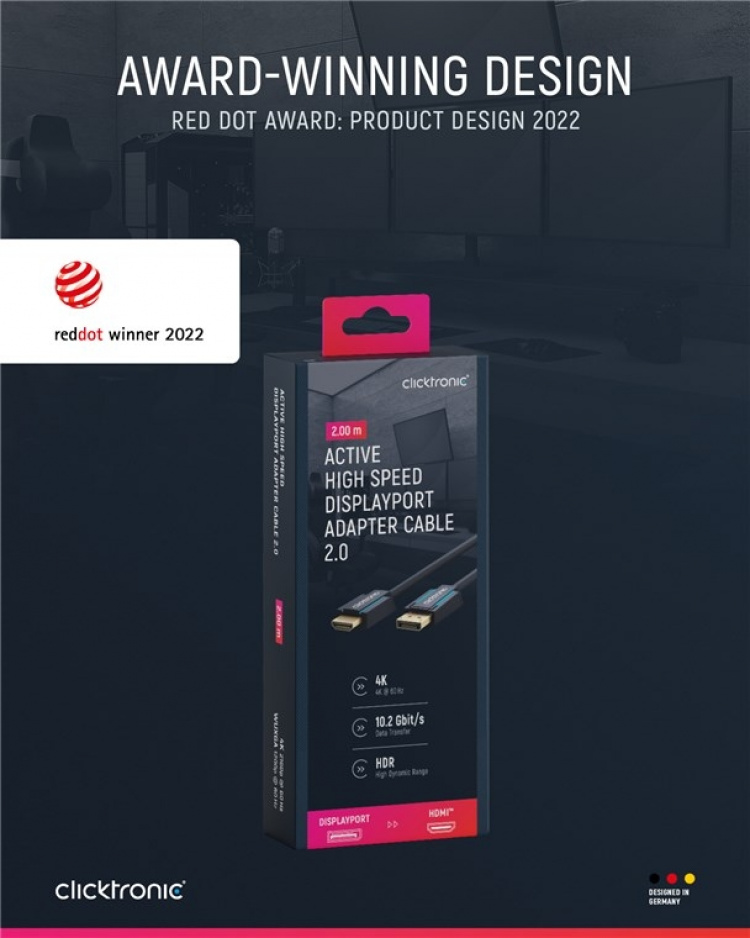 ClickTronic Adapterkabel för aktiv DisplayPort™ till HDMI™ (4K/60Hz) Premiumkabel | 1x DisplayPort™-kontakt >> 1x HDMI™-kontakt | 2,0 m | 4K @ 60 Hz ClickTronic Adapterkabel för aktiv DisplayPort™ till HDMI™ (4K/60Hz) Premiumkabel | 1x DisplayPort™-kontakt >> 1x HDMI™-kontakt | 2,0 m | 4K @ 60 Hz