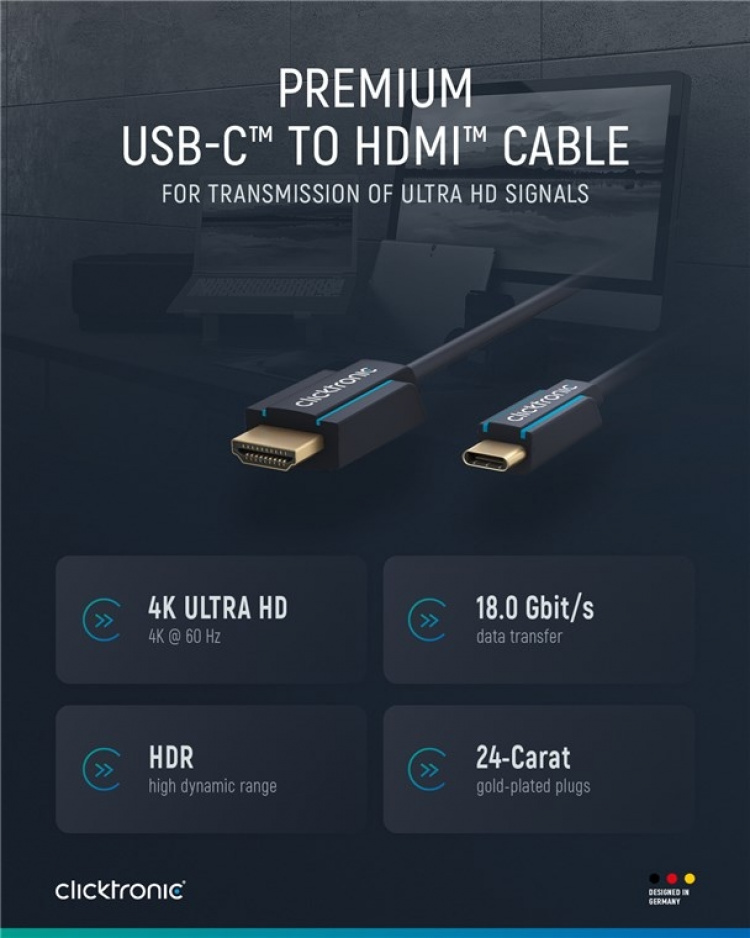 ClickTronic Adapterkabel från USB-C™ till HDMI™ Premiumkabel | USB-C™-kontakt HDMI™-kontakt | 3,0 m | 4K @ 60 Hz