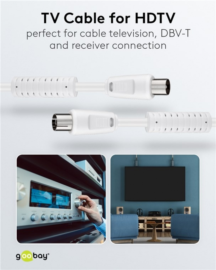 Goobay Antennekabel met ferriet (80 dB), dubbel afgeschermd coax-stekker > coax-contrastekker (volledig afgeschermd), 5 m Goobay Antennekabel met ferriet (80 dB), dubbel afgeschermd coax-stekker > coax-contrastekker (volledig afgeschermd), 5 m
