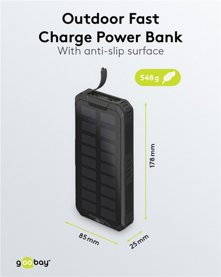 Goobay Outdoor snellaad Powerbank met zonnepanelen 20.000 mAh (USB-C™ PD, QC 3.0) Robuuste allround stroomvoorziening voor gebruik buitenshuis Goobay Outdoor snellaad Powerbank met zonnepanelen 20.000 mAh (USB-C™ PD, QC 3.0) Robuuste allround stroomvoorziening voor gebruik buitenshuis