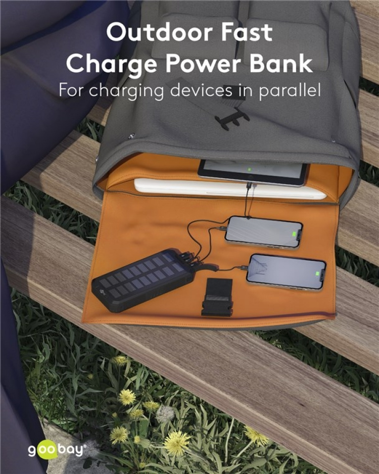 Goobay Outdoor snellaad Powerbank met zonnepanelen 20.000 mAh (USB-C™ PD, QC 3.0) Robuuste allround stroomvoorziening voor gebruik buitenshuis Goobay Outdoor snellaad Powerbank met zonnepanelen 20.000 mAh (USB-C™ PD, QC 3.0) Robuuste allround stroomvoorziening voor gebruik buitenshuis