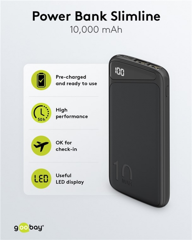 Goobay Powerbank Slimline 10.000 mAh Krachtige 10.000 mAh met een statusweergave