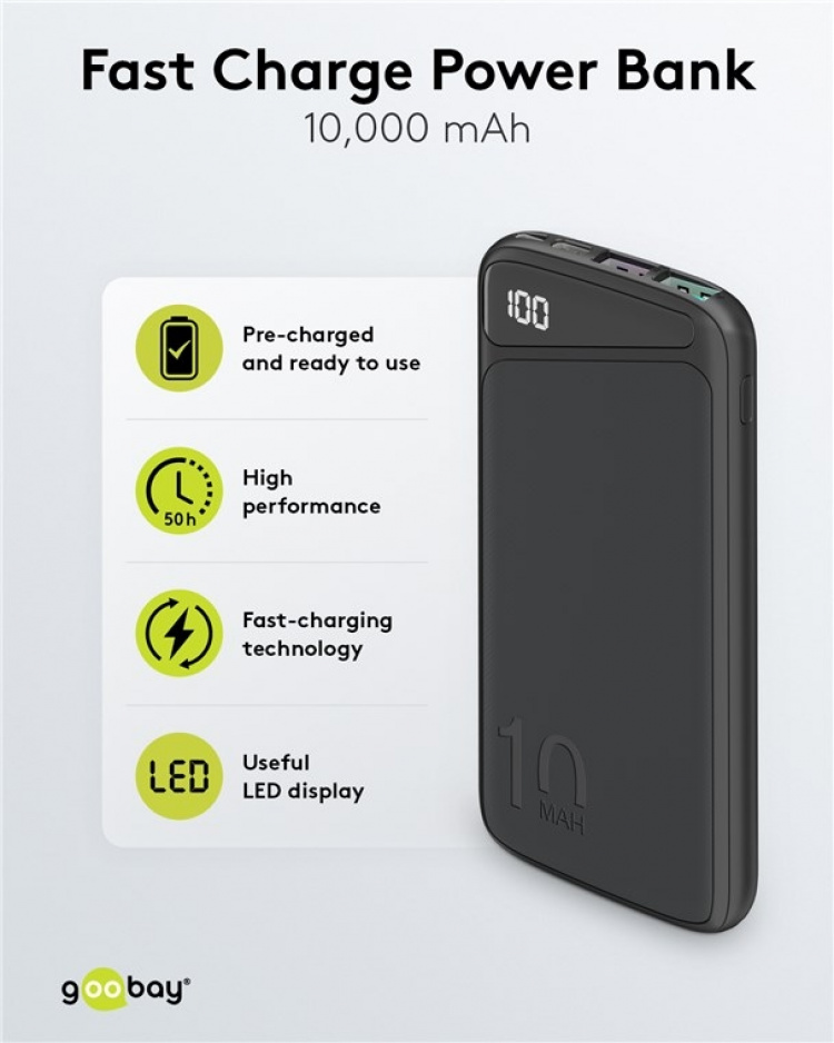 Goobay Snellaad Powerbank 10.000 mAh (USB-C™ PD, QC 3.0) Krachtige powerbank met statusweergave, compatibel met Quick Charge