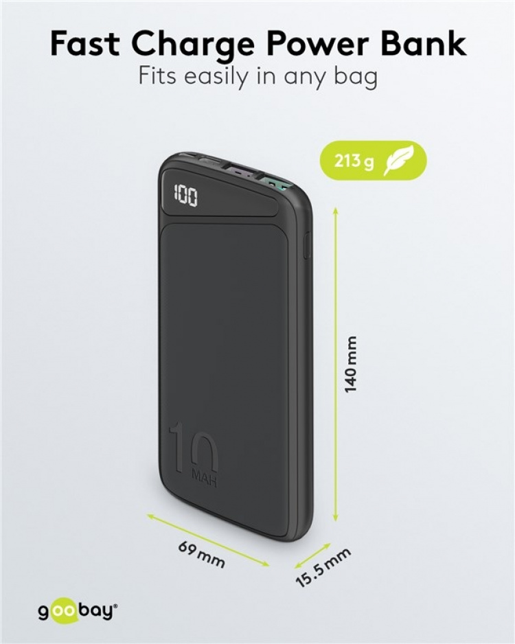 Goobay Snellaad Powerbank 10.000 mAh (USB-C™ PD, QC 3.0) Krachtige powerbank met statusweergave, compatibel met Quick Charge