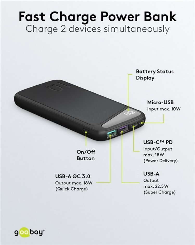 Goobay Snellaad Powerbank 10.000 mAh (USB-C™ PD, QC 3.0) Krachtige powerbank met statusweergave, compatibel met Quick Charge