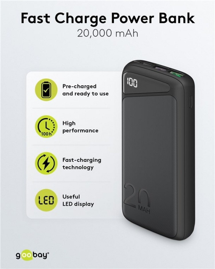 Goobay Snellaad Powerbank 20.000 mAh (USB-C™ PD, QC 3.0) Krachtige powerbank met statusweergave, compatibel met Quick Charge