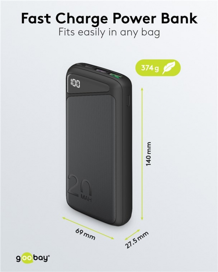 Goobay Snellaad Powerbank 20.000 mAh (USB-C™ PD, QC 3.0) Krachtige powerbank met statusweergave, compatibel met Quick Charge