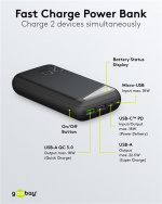 Goobay Snellaad Powerbank 20.000 mAh (USB-C™ PD, QC 3.0) Krachtige powerbank met statusweergave, compatibel met Quick Charge