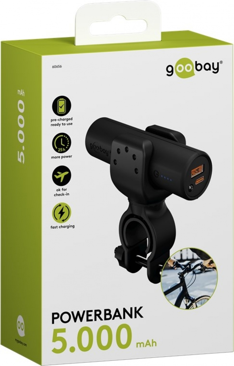Goobay Bike powerbank 5.0 (5.000 mAh) kleine, dunne en handige bar powerbank met een capaciteit van 5.000 mAh voor montage op de fiets