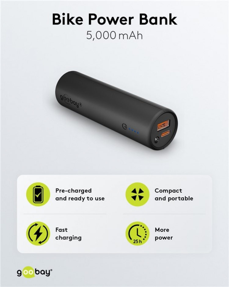 Goobay Bike powerbank 5.0 (5.000 mAh) kleine, dunne en handige bar powerbank met een capaciteit van 5.000 mAh voor montage op de fiets
