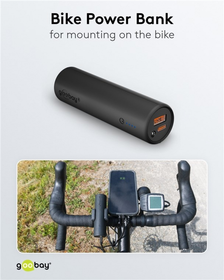Goobay Bike powerbank 5.0 (5.000 mAh) kleine, dunne en handige bar powerbank met een capaciteit van 5.000 mAh voor montage op de fiets