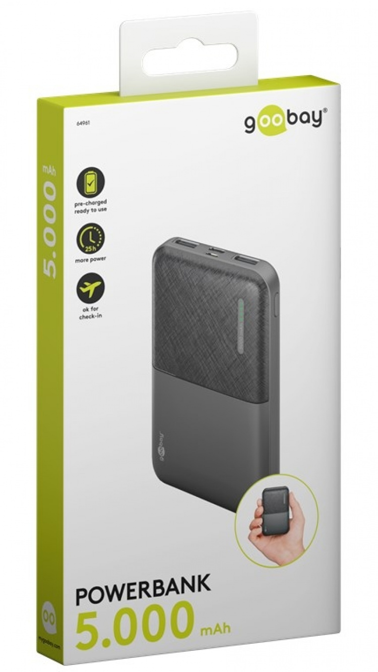 Goobay Powerbank compact 5.000 mAh handig en ruimtebesparend ontwerp met 5.000 mAh, perfect voor op reis