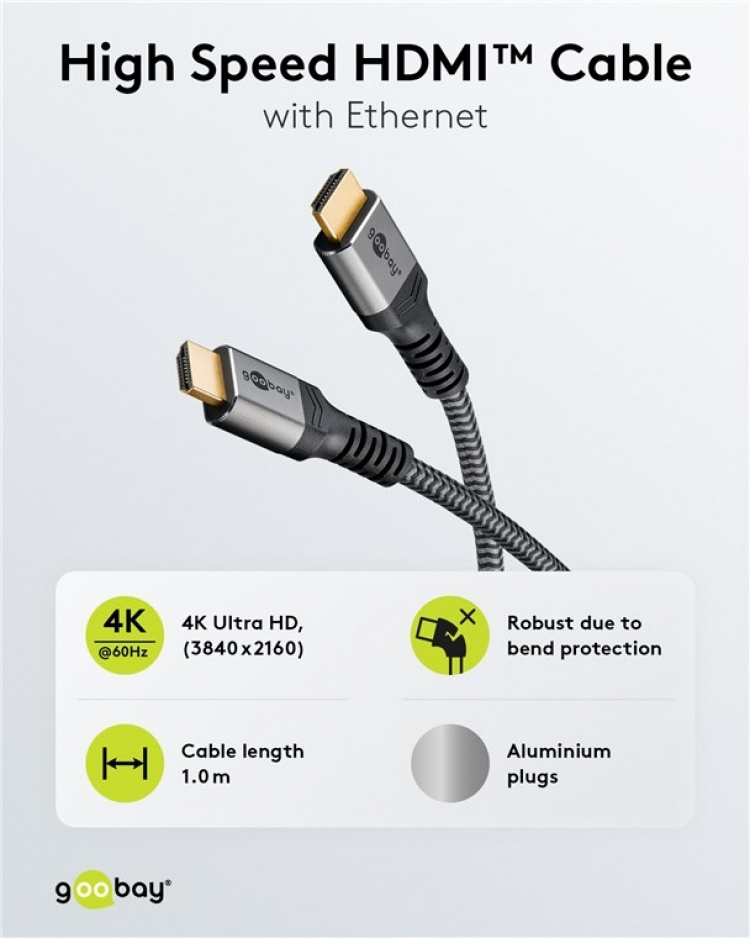 Goobay High Speed HDMI™-kabel met Ethernet, 1 m, Sharkskin Grey HDMI ™-connector (Type A) > HDMI ™-connector (Type A) Goobay High Speed HDMI™-kabel met Ethernet, 1 m, Sharkskin Grey HDMI ™-connector (Type A) > HDMI ™-connector (Type A)