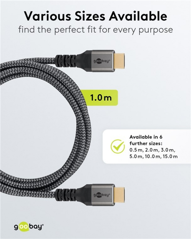 Goobay High Speed HDMI™-kabel met Ethernet, 1 m, Sharkskin Grey HDMI ™-connector (Type A) > HDMI ™-connector (Type A) Goobay High Speed HDMI™-kabel met Ethernet, 1 m, Sharkskin Grey HDMI ™-connector (Type A) > HDMI ™-connector (Type A)