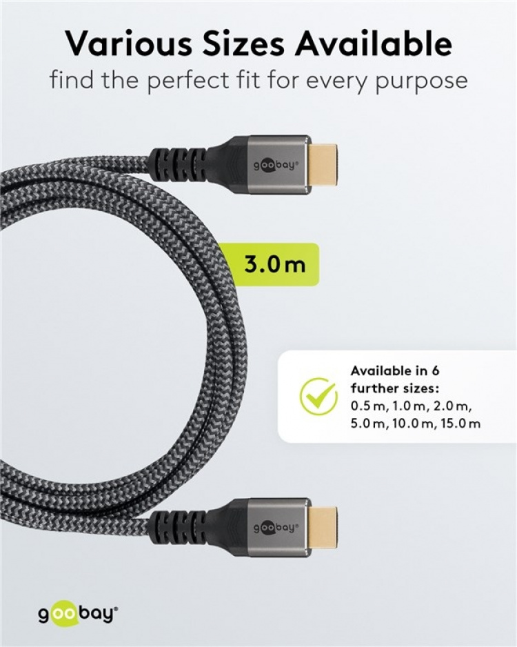 Goobay High Speed HDMI™-kabel met Ethernet, 3 m, Sharkskin Grey HDMI ™-connector (Type A) > HDMI ™-connector (Type A) Goobay High Speed HDMI™-kabel met Ethernet, 3 m, Sharkskin Grey HDMI ™-connector (Type A) > HDMI ™-connector (Type A)