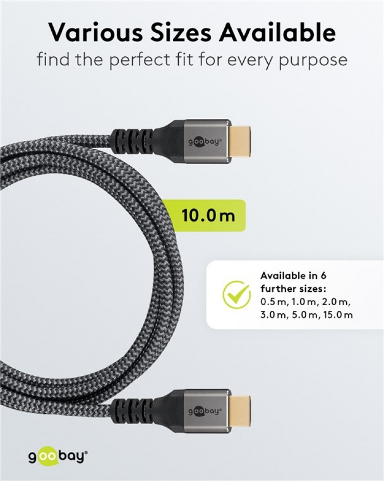Goobay High Speed HDMI™-kabel met Ethernet, 10 m, Sharkskin Grey HDMI ™-connector (Type A) > HDMI ™-connector (Type A) Goobay High Speed HDMI™-kabel met Ethernet, 10 m, Sharkskin Grey HDMI ™-connector (Type A) > HDMI ™-connector (Type A)