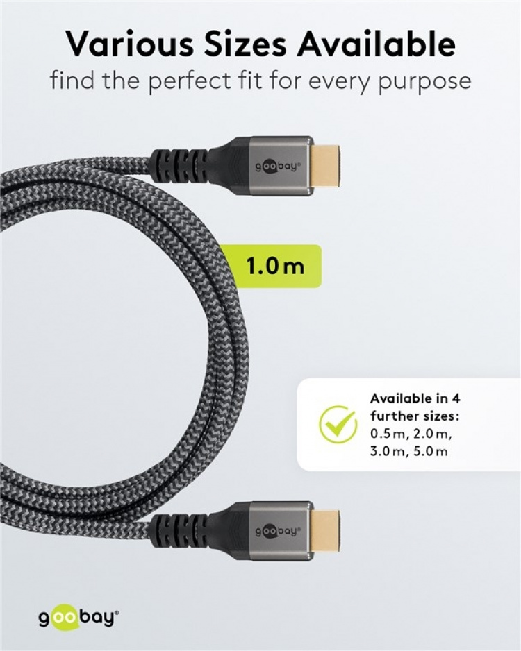 Goobay Ultra High Speed HDMI™-kabel, 1 m, Sharkskin Grey HDMI ™-connector (Type A) > HDMI ™-connector (Type A) Goobay Ultra High Speed HDMI™-kabel, 1 m, Sharkskin Grey HDMI ™-connector (Type A) > HDMI ™-connector (Type A)