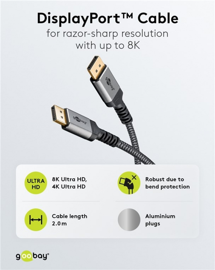 Goobay DisplayPort-kabel, DP 1.4, m, Sharkskin Grey DisplayPort™-connector > DisplayPort™-connector