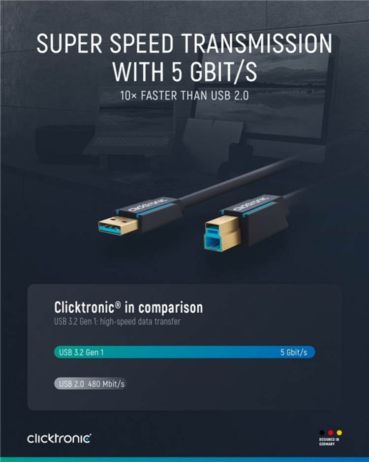 ClickTronic Adapterkabel från USB-A till USB-B 3.0 Premiumkabel | USB A-kontakt USB B 3.0-kontakt | 0,5 m | 5 Gbit/s ClickTronic Adapterkabel från USB-A till USB-B 3.0 Premiumkabel | USB A-kontakt USB B 3.0-kontakt | 0,5 m | 5 Gbit/s