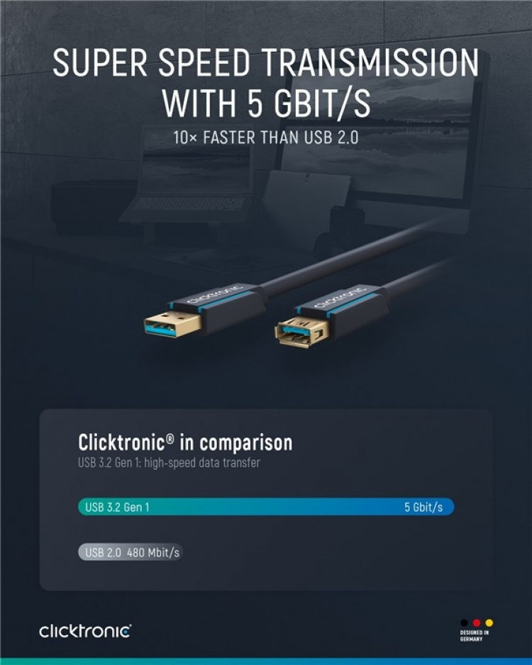 ClickTronic Förlängningskabel USB-A Premiumkabel | USB A hane USB A hona | 3,0 m | 5 Gbit/s ClickTronic Förlängningskabel USB-A Premiumkabel | USB A hane USB A hona | 3,0 m | 5 Gbit/s