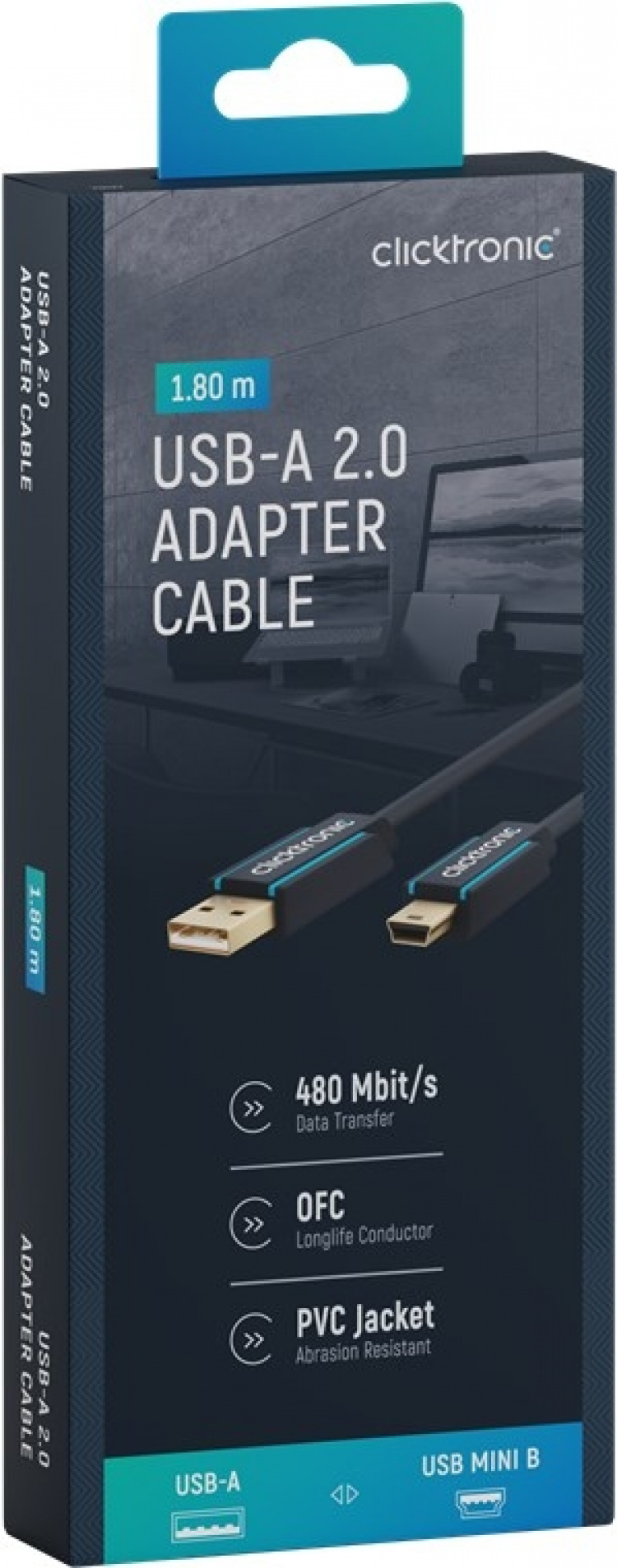 ClickTronic Adapterkabel från USB A till USB Mini B 2.0 Premiumkabel | USB A-kontakt USB mini B-kontakt | 1,8 m | 480 Mbit/s
