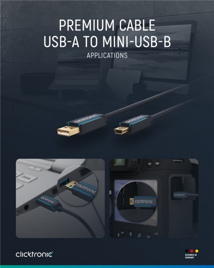 ClickTronic Adapterkabel från USB A till USB Mini B 2.0 Premiumkabel | USB A-kontakt USB mini B-kontakt | 3,0 m | 480 Mbit/s ClickTronic Adapterkabel från USB A till USB Mini B 2.0 Premiumkabel | USB A-kontakt USB mini B-kontakt | 3,0 m | 480 Mbit/s