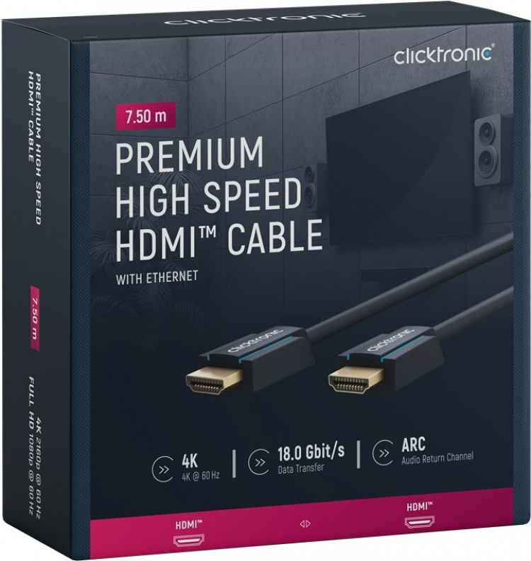 ClickTronic High Speed HDMI™-kabel met Ethernet Premium kabel | 1x HDMI™ stekker 1x HDMI™ stekker | 7,5 m | UHD 4K @ 60 Hz ClickTronic High Speed HDMI™-kabel met Ethernet Premium kabel | 1x HDMI™ stekker 1x HDMI™ stekker | 7,5 m | UHD 4K @ 60 Hz