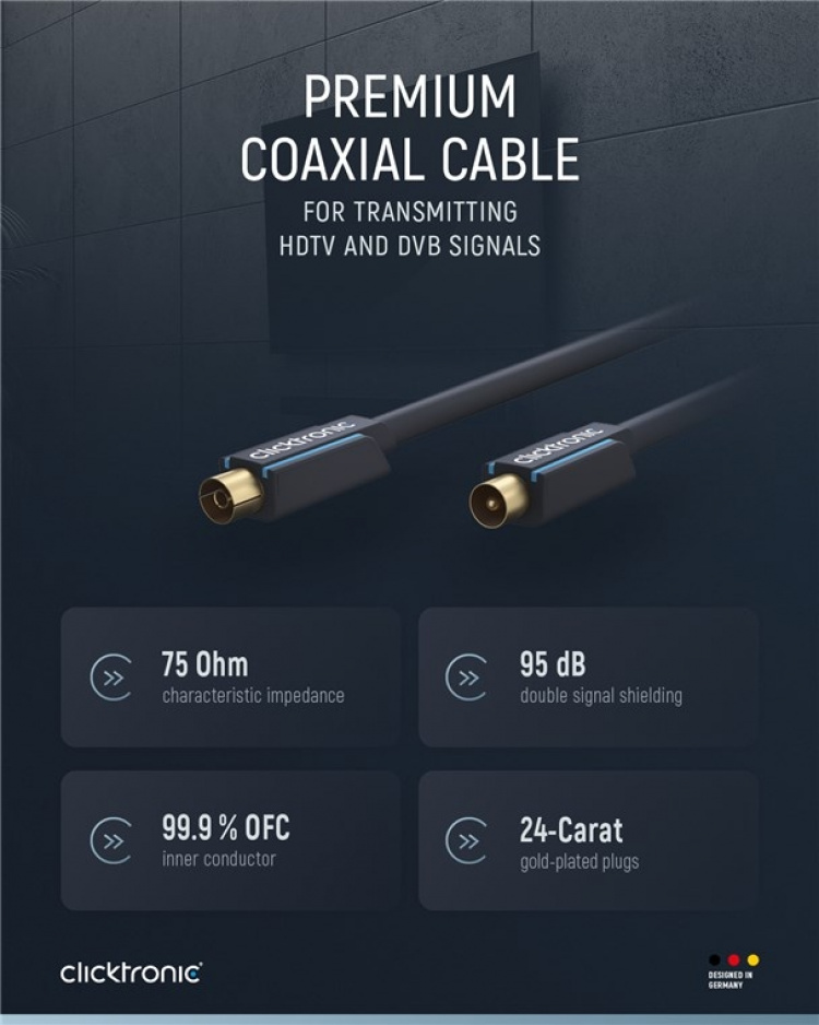 ClickTronic Koaxialkabel Premiumkabel | Koaxialkontakt Koaxialkoppling | 3,0 m | > 95 dB ClickTronic Koaxialkabel Premiumkabel | Koaxialkontakt Koaxialkoppling | 3,0 m | > 95 dB