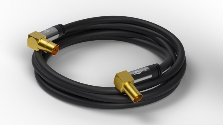 Goobay TV-antennekabel (135 dB), 4x afgeschermd verguld, coax-contrastekker 90° > coax-stekker 90°, 2 m
