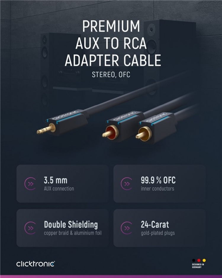 ClickTronic 3,5 mm AUX till RCA-adapterkabel, stereo Premiumkabel | 1x 3,5 mm jackkontakt 2x cinchkontakt | 5,0 m | OFC innerledare ClickTronic 3,5 mm AUX till RCA-adapterkabel, stereo Premiumkabel | 1x 3,5 mm jackkontakt 2x cinchkontakt | 5,0 m | OFC innerledare
