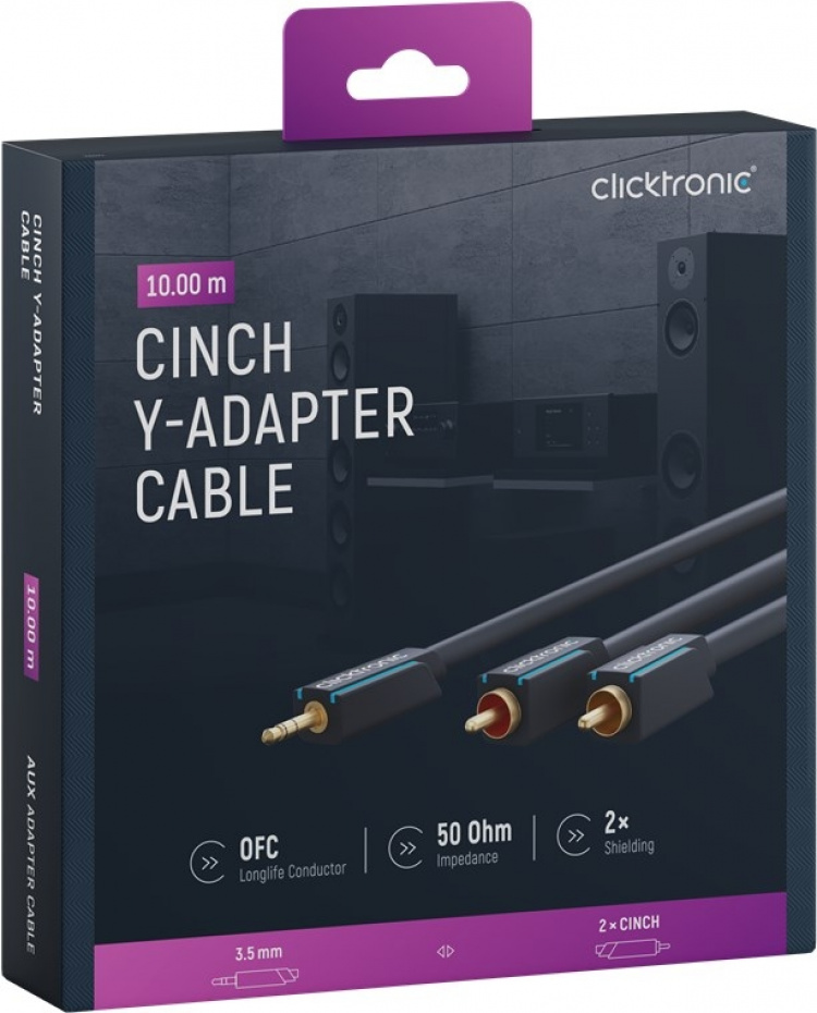 ClickTronic 3,5 mm AUX till RCA-adapterkabel, stereo Premiumkabel | 1x 3,5 mm jackkontakt 2x cinchkontakt | 10,0 m | OFC innerledare ClickTronic 3,5 mm AUX till RCA-adapterkabel, stereo Premiumkabel | 1x 3,5 mm jackkontakt 2x cinchkontakt | 10,0 m | OFC innerledare