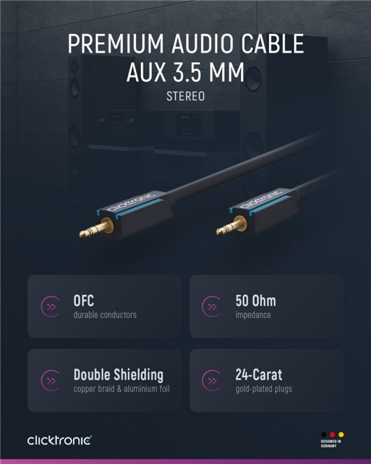 ClickTronic 3,5 mm AUX-kabel, stereo Premiumkabel | 1x 3,5 mm jackplugg 1x 3,5 mm jackplugg | 3,0 m | OFC innerledare ClickTronic 3,5 mm AUX-kabel, stereo Premiumkabel | 1x 3,5 mm jackplugg 1x 3,5 mm jackplugg | 3,0 m | OFC innerledare