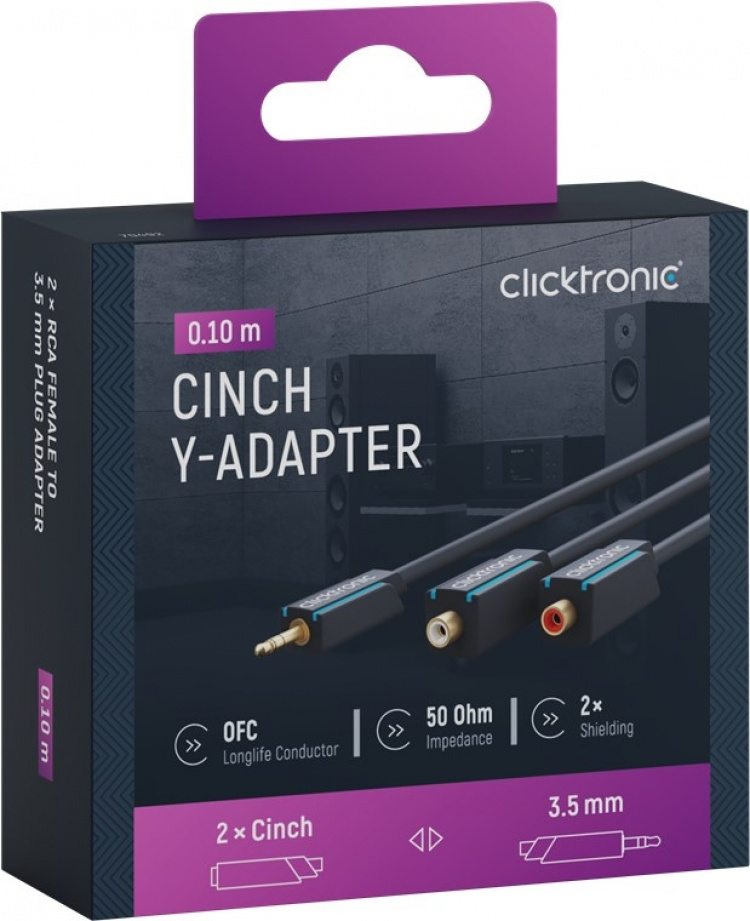 ClickTronic 3,5 mm AUX till RCA-adapterkabel, stereo Premiumkabel | 2x cinchjack 1x 3,5 mm jackplugg | 0,1 m | OFC innerledare