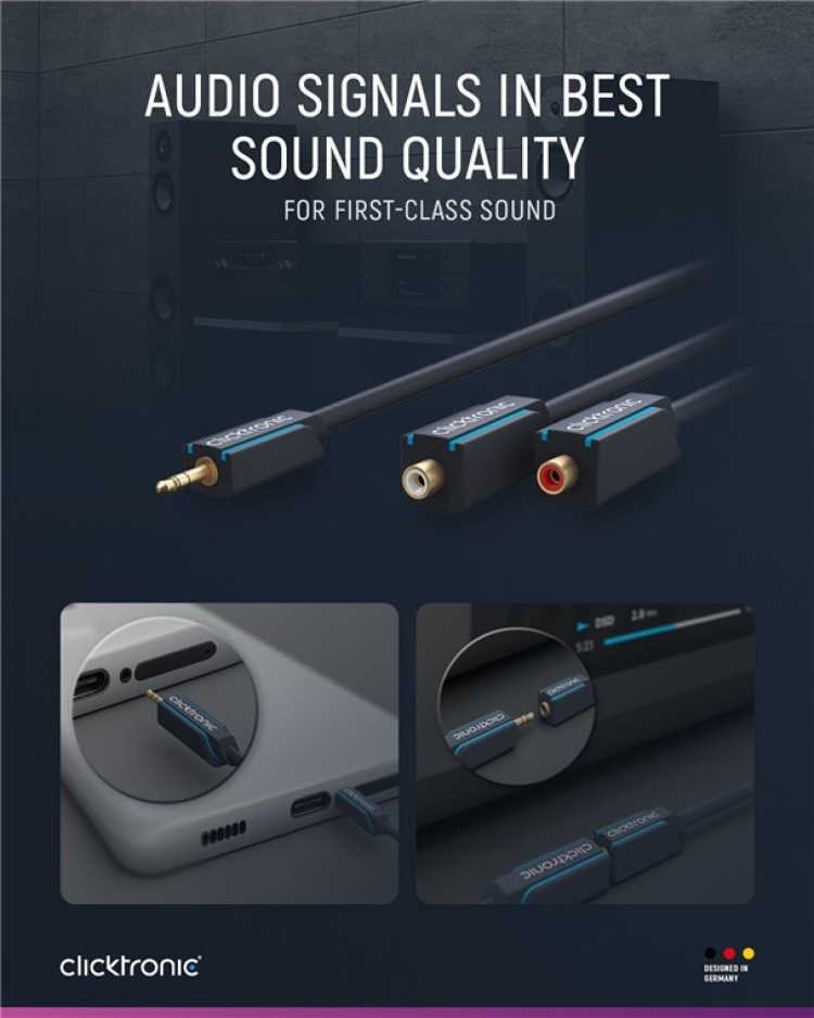 ClickTronic 3,5 mm AUX till RCA-adapterkabel, stereo Premiumkabel | 2x cinchjack 1x 3,5 mm jackplugg | 0,1 m | OFC innerledare
