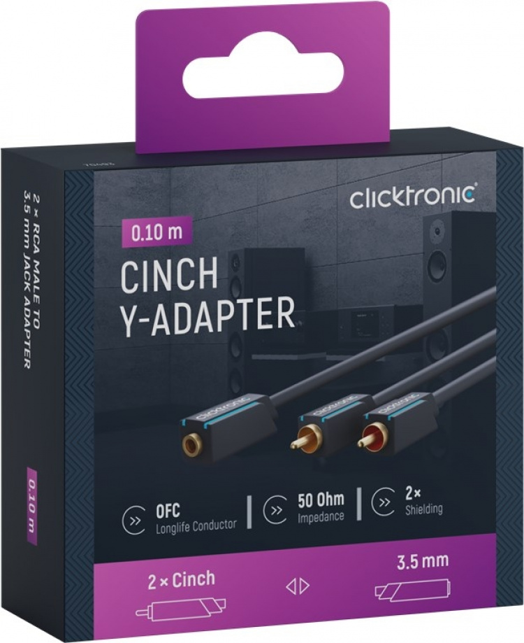 ClickTronic 3,5 mm AUX till RCA-adapterkabel, stereo Premium-kabel | 2x cinch-kontakt 1x 3,5 mm jackuttag | 0,1 m | OFC innerledare