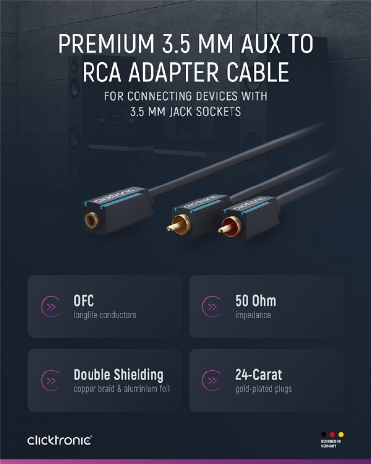 ClickTronic 3,5 mm AUX till RCA-adapterkabel, stereo Premium-kabel | 2x cinch-kontakt 1x 3,5 mm jackuttag | 0,1 m | OFC innerledare