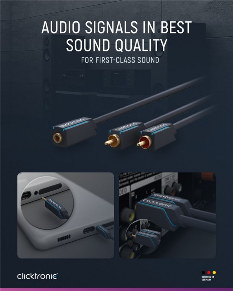 ClickTronic 3,5 mm AUX till RCA-adapterkabel, stereo Premium-kabel | 2x cinch-kontakt 1x 3,5 mm jackuttag | 0,1 m | OFC innerledare