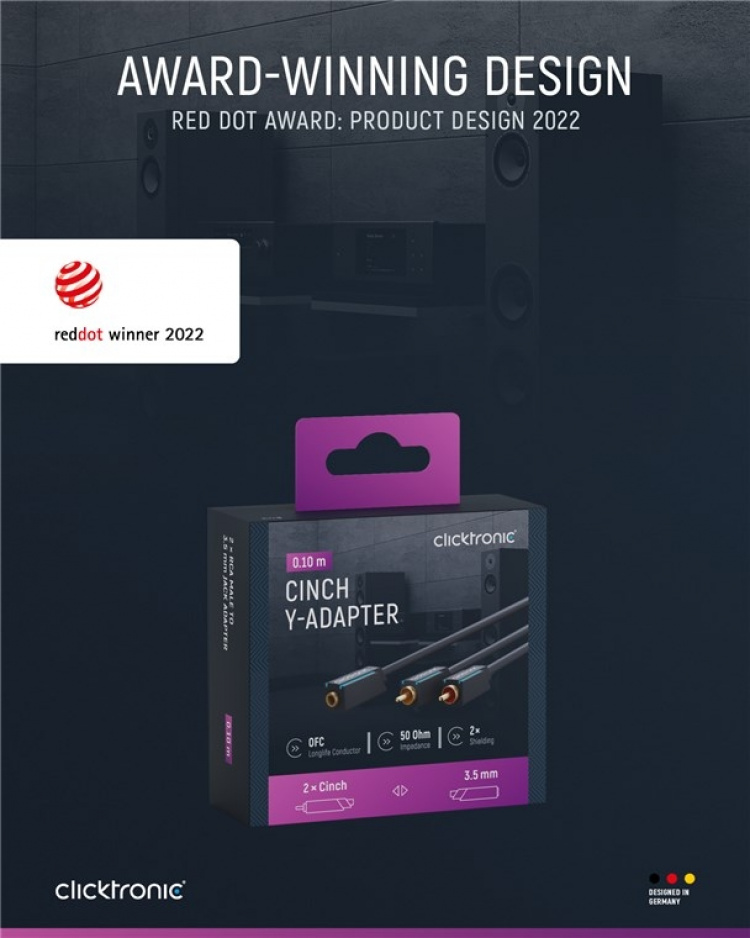 ClickTronic 3,5 mm AUX till RCA-adapterkabel, stereo Premium-kabel | 2x cinch-kontakt 1x 3,5 mm jackuttag | 0,1 m | OFC innerledare