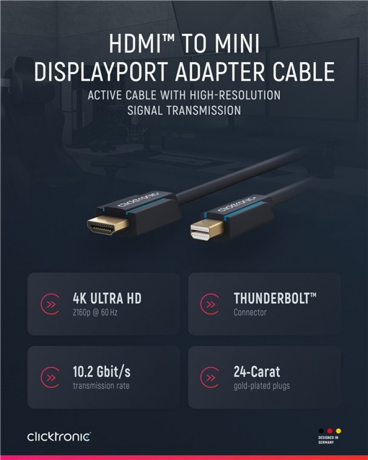 ClickTronic Actieve mini DisplayPort™ naar HDMI™-adapterkabel premium kabel | 1x mini DisplayPort™ stekker >> 1x HDMI™ stekker | 1,0 m | UHD 4K @ 30 Hz
