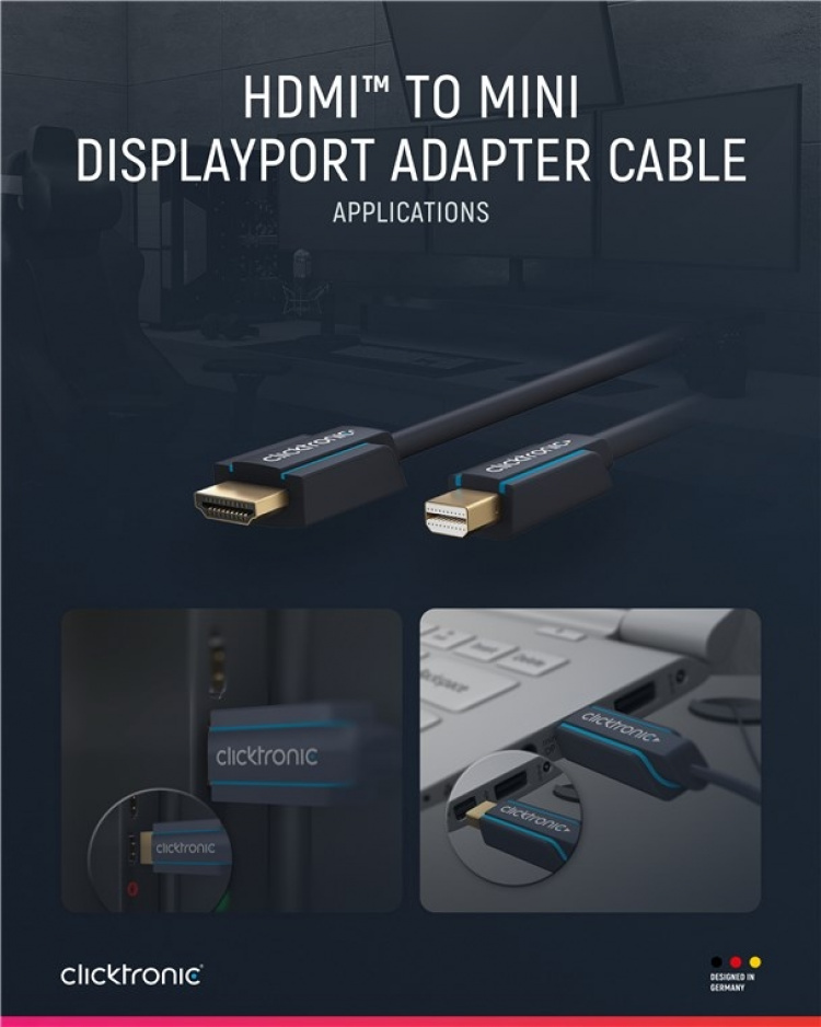 ClickTronic Actieve mini DisplayPort™ naar HDMI™-adapterkabel premium kabel | 1x mini DisplayPort™ stekker >> 1x HDMI™ stekker | 1,0 m | UHD 4K @ 30 Hz